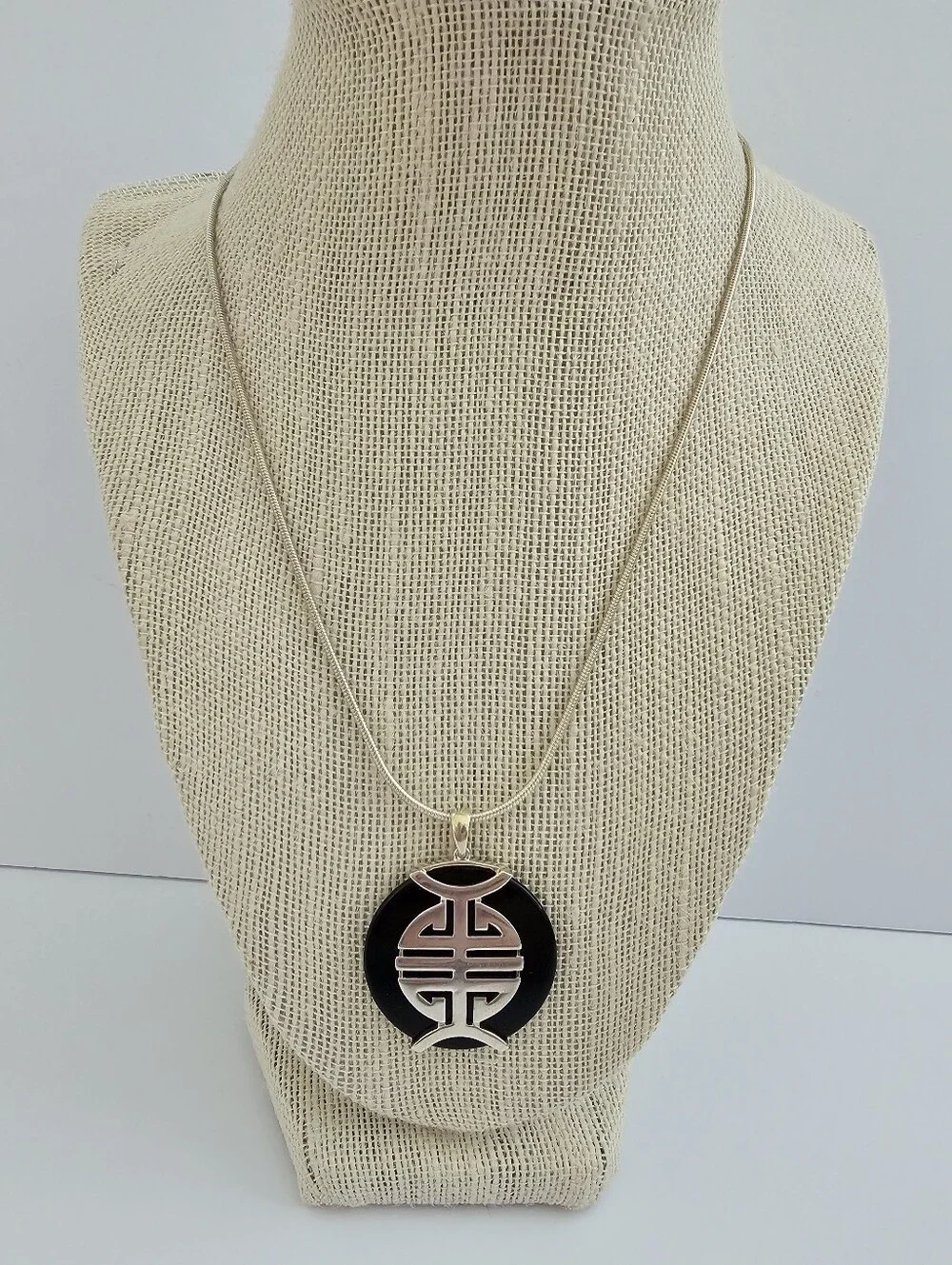 Italian Sterling Silver 925 Black Onyx Shou Character Pendant Necklace​